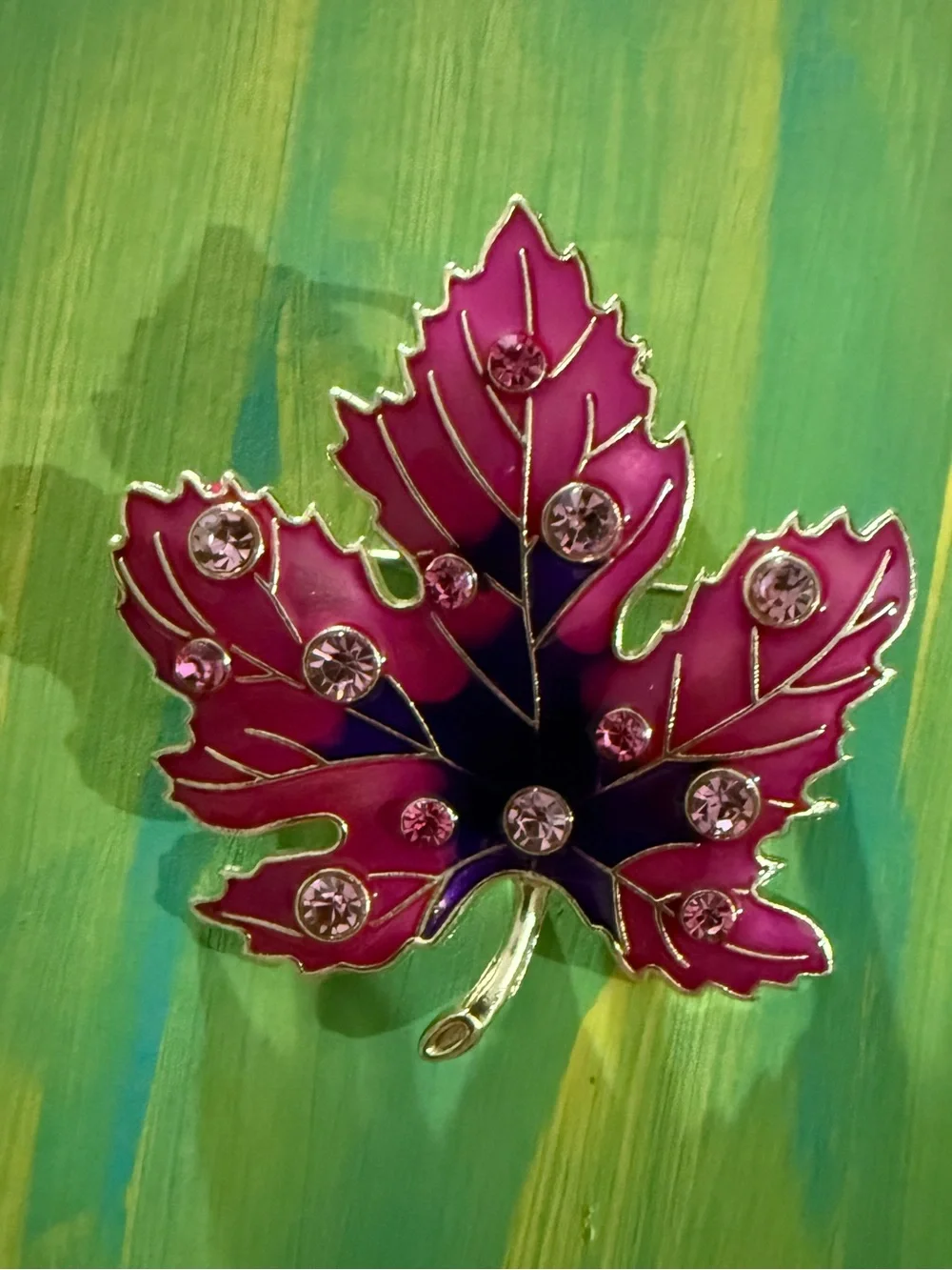 Magenta and Purple Enamel Maple Leaf Brooch with Rhinestones